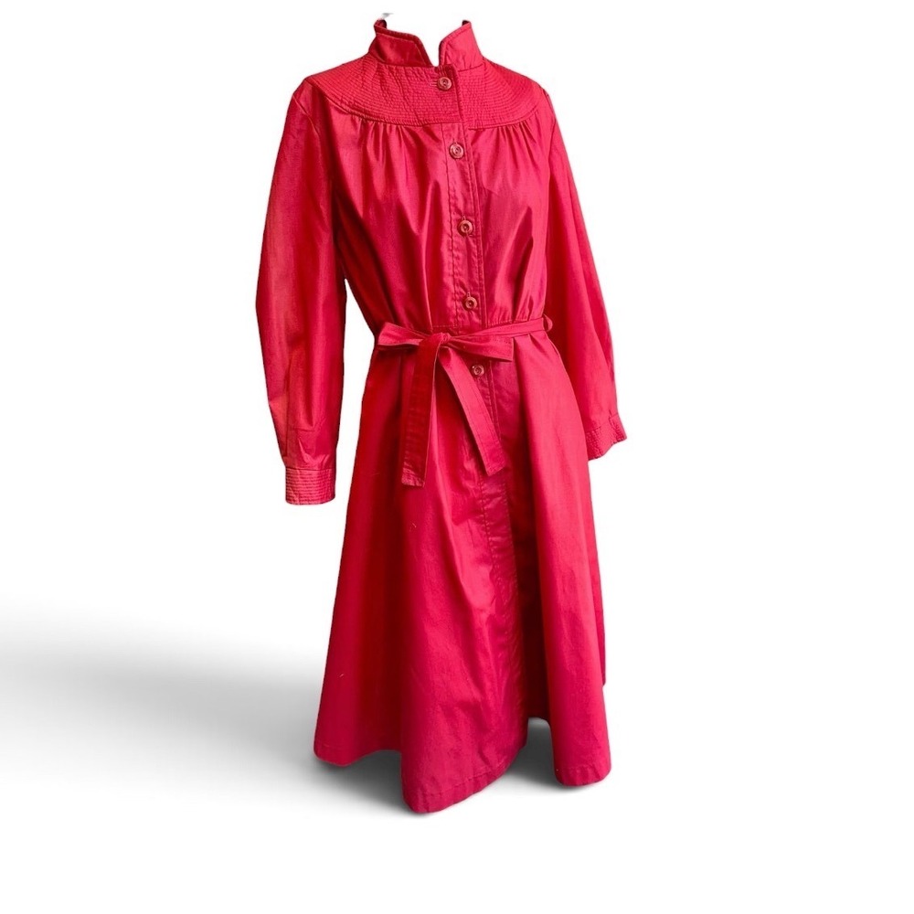 Vtg 70s Montgomery Ward modern Polished Trench Coat Yoke Belted Duster Jacket S